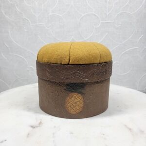 The Country Pedlar Pineapple Pincushion Sewing Box Vintage Brown Yellow Round